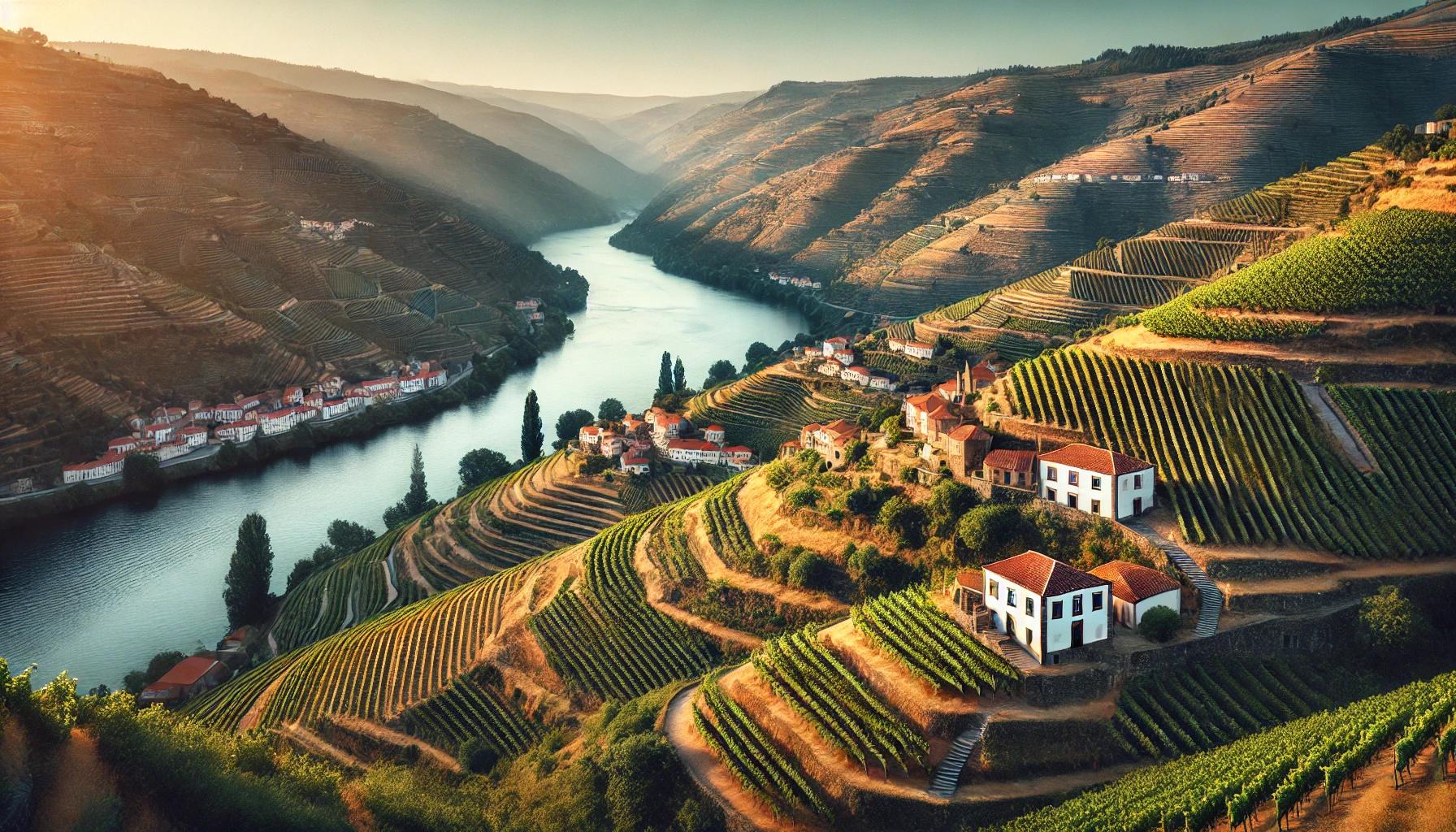 Das Bild zeigt die atemberaubende Landschaft der Douro Superior Region in Portugal. Im Vordergrund sind die ikonischen, terrassierten Weinberge zu sehen, die sich steil entlang der Hänge des Douro-Flusses erstrecken. Die Reihen der grünen Reben sind ordentlich angelegt und strahlen unter dem goldenen Licht der untergehenden Sonne. Im Hintergrund ragen hügelige, bewaldete Berge auf, die der Szenerie Tiefe verleihen. Über dem Fluss reflektiert das Wasser die warmen Farben des Himmels. Inmitten der Weinberge stehen traditionelle portugiesische Quintas, weiße Gebäude mit roten Ziegeldächern.