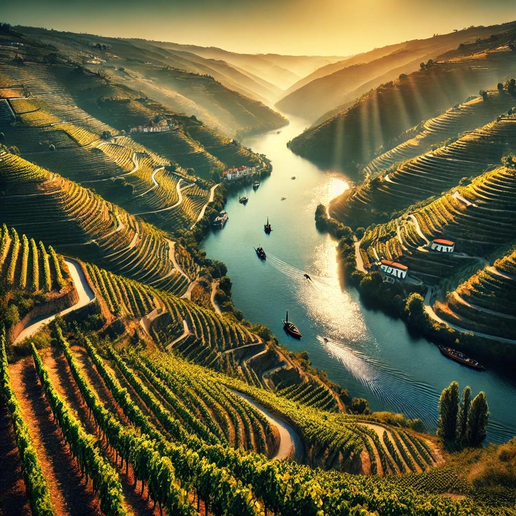 Eine malerische Landschaft des Douro-Tals in Portugal mit terrassierten Weinbergen, die steil zum glitzernden Douro-Fluss abfallen. Im Hintergrund sind traditionelle portugiesische Weingüter (Quintas) auf den sanften Hügeln zu sehen, unter einem klaren, goldenen Himmel, der die friedliche und natürliche Schönheit dieser historischen Weinregion einfängt.