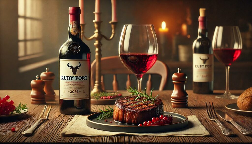 Ein elegantes Food Pairing von Ruby Port und einem perfekt zubereiteten Pfeffersteak. Das Bild zeigt ein saftiges Steak, garniert mit frischen Kräutern und einer reichhaltigen Sauce, serviert auf einem stilvollen Teller. Daneben steht eine Flasche Ruby Port mit gut sichtbarem Etikett und ein Glas des tiefroten Weins. Die Szene ist auf einem rustikalen Holztisch arrangiert, mit warmem, einladendem Licht, das eine luxuriöse und einladende Atmosphäre schafft.